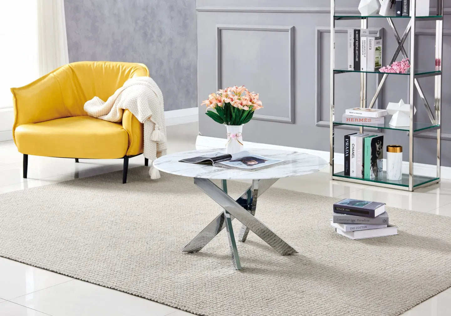 Table basse ronde argent marbre blanc JOY New Design