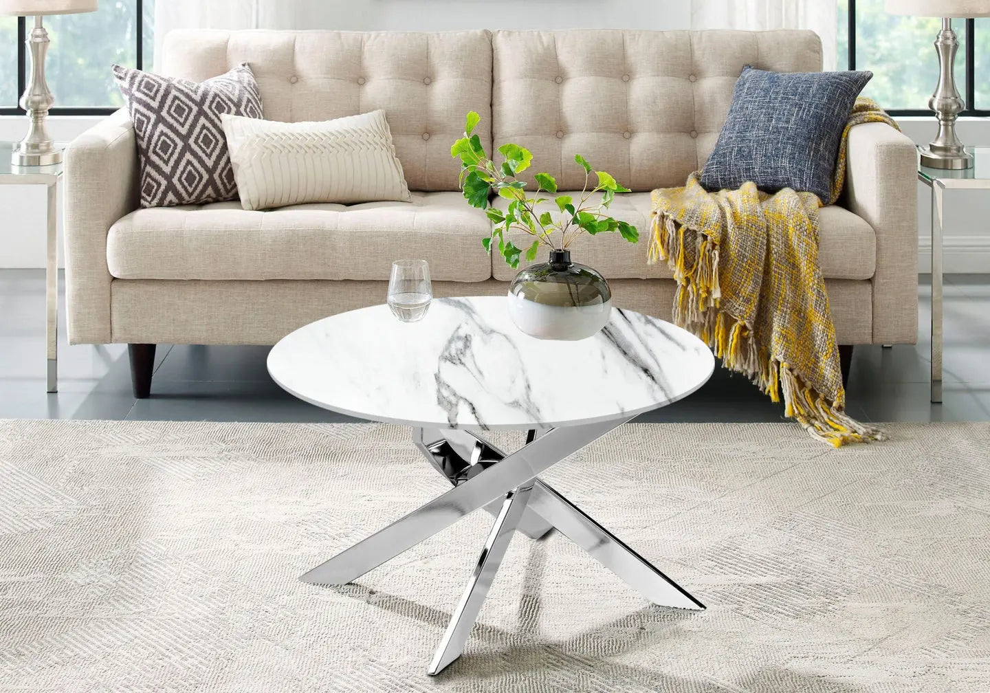 Table basse ronde argent marbre blanc JOY New Design