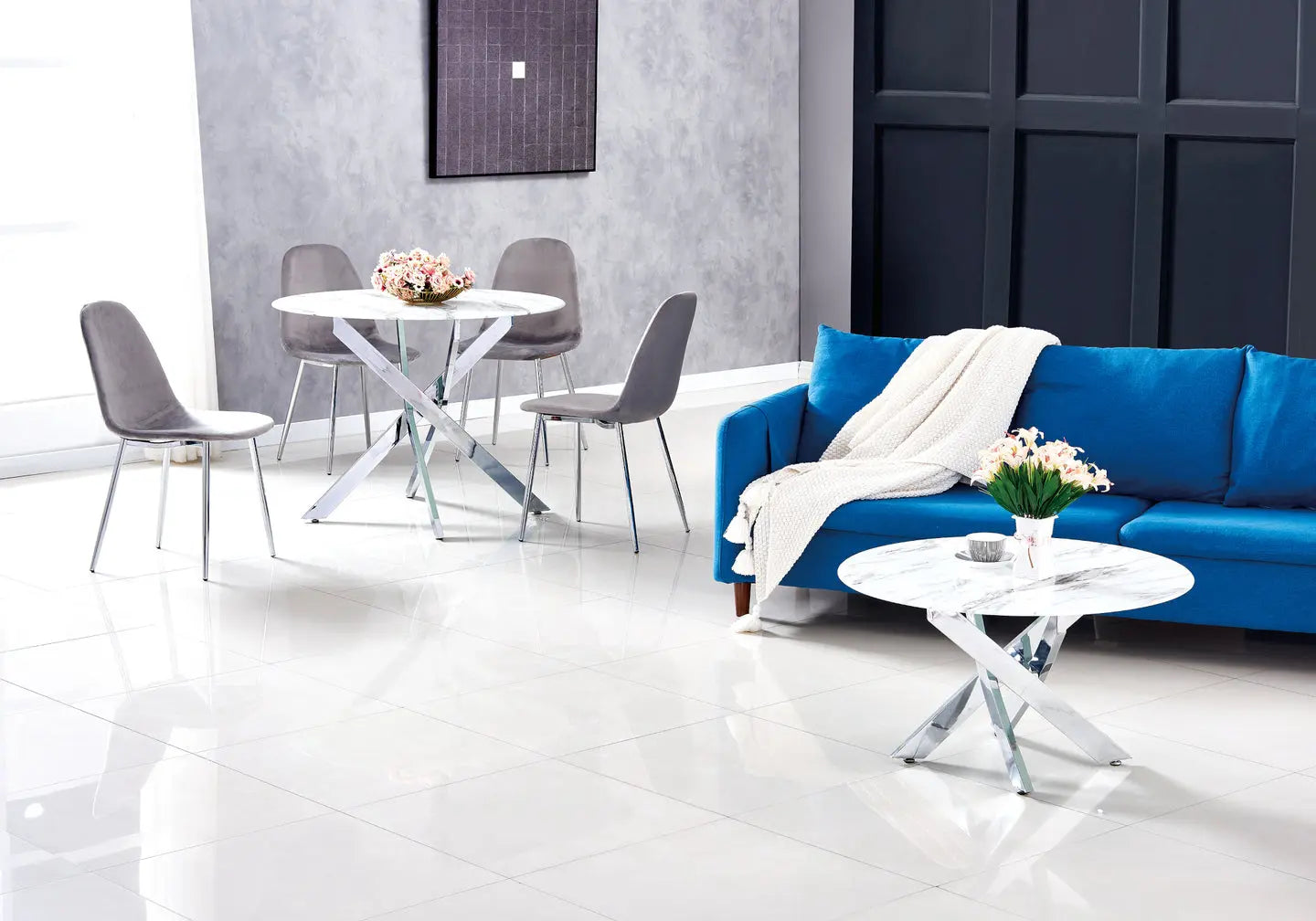Table basse ronde argent marbre blanc JOY New Design