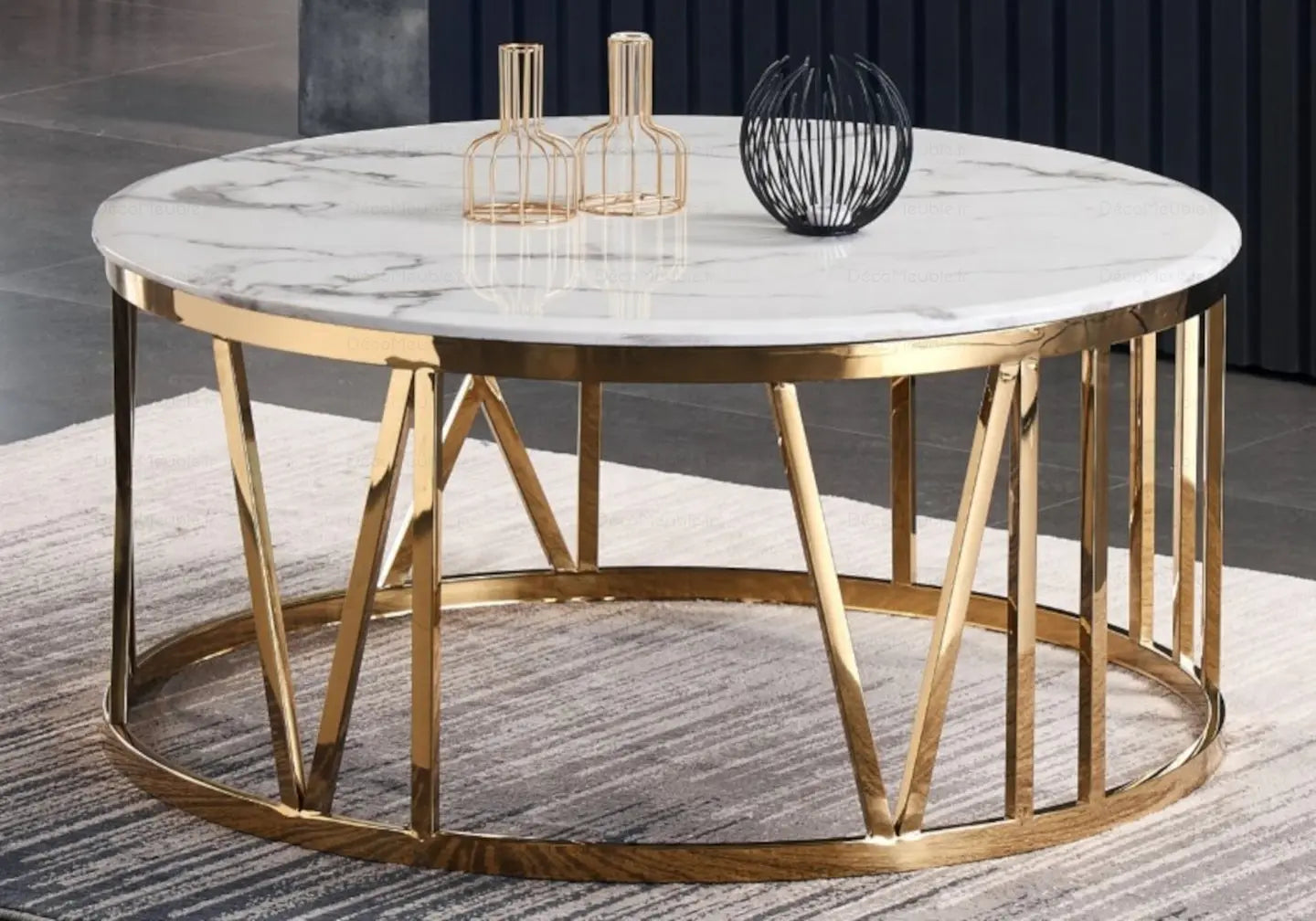 Table basse ronde dorée marbre blanc GEVA New Design