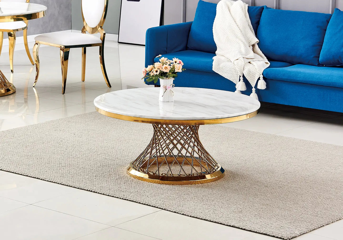 Table basse ronde dorée marbre blanc LUC New Design