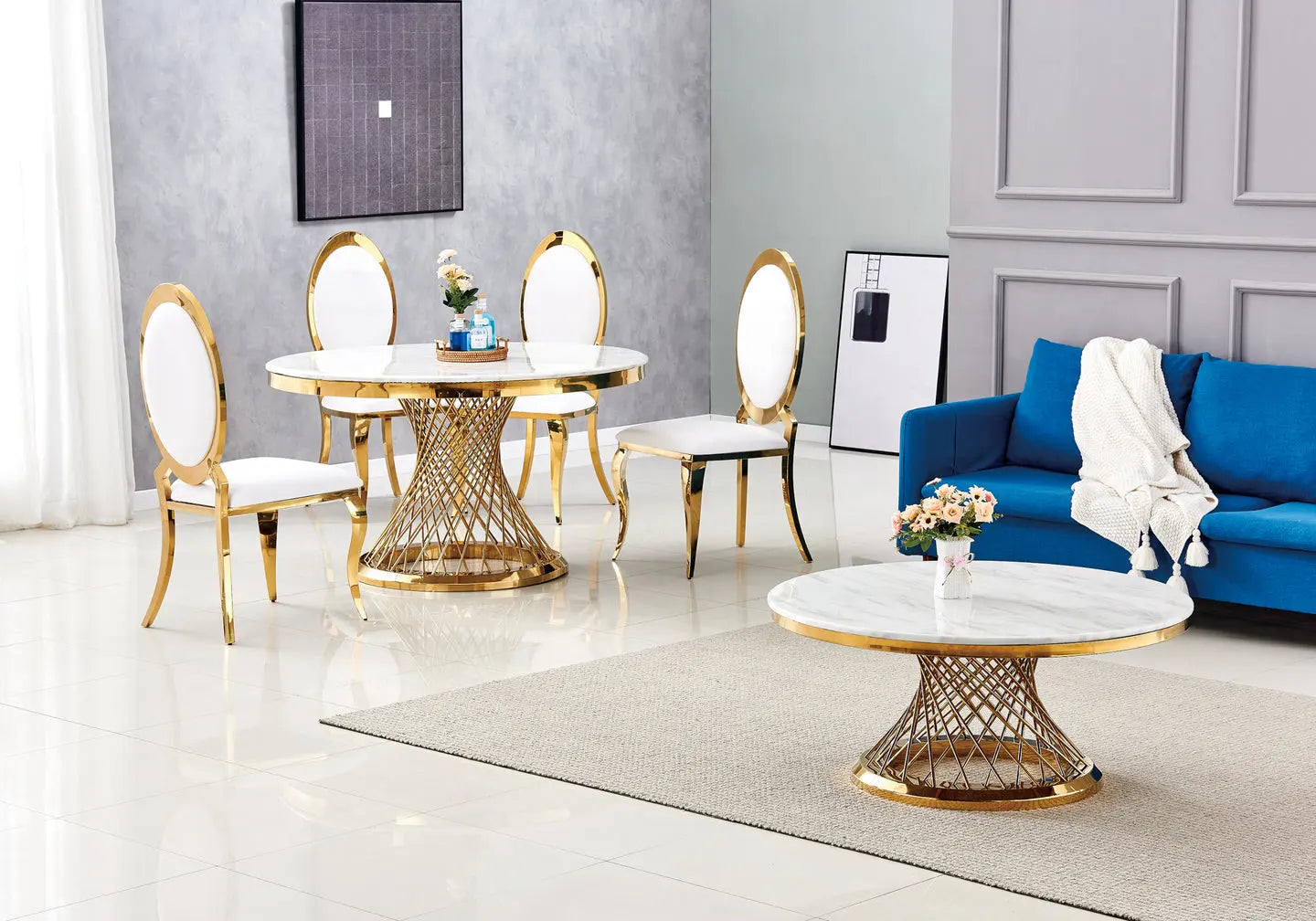 Table basse ronde dorée marbre blanc LUC New Design