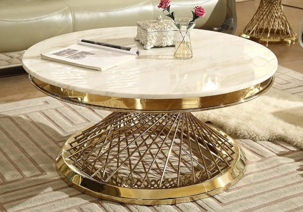 Table basse ronde dorée marbre blanc LUC New Design