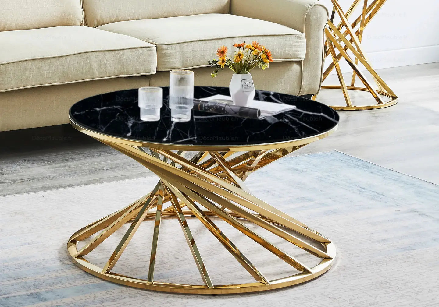Table basse ronde marbre noir doré RUBY New Design