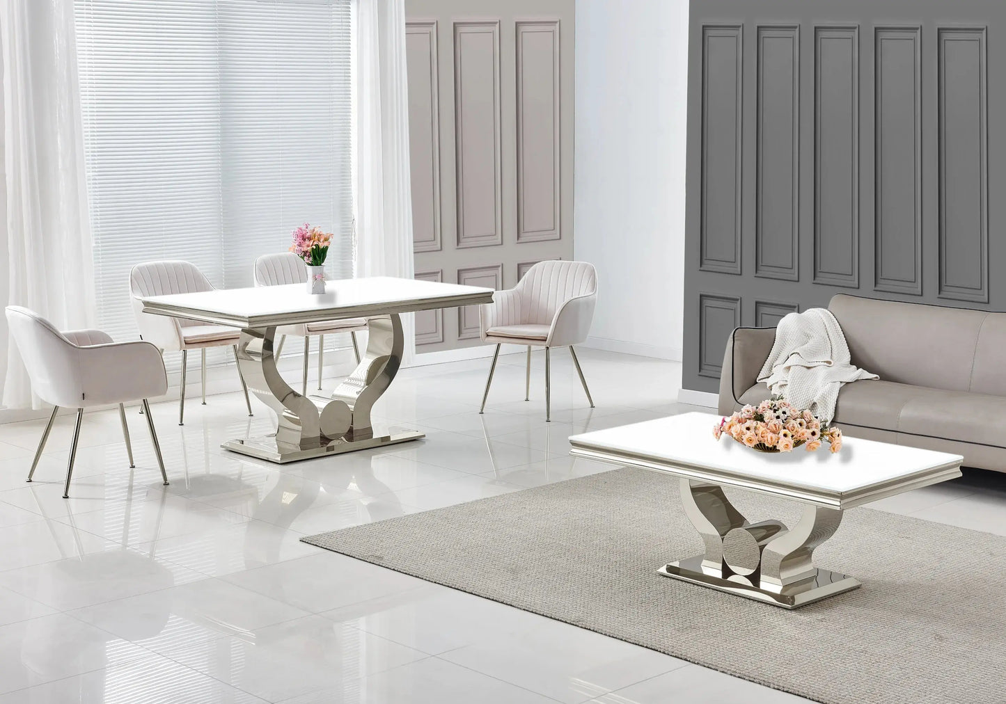 Table basse verre blanc pieds métal argent NEA New Design