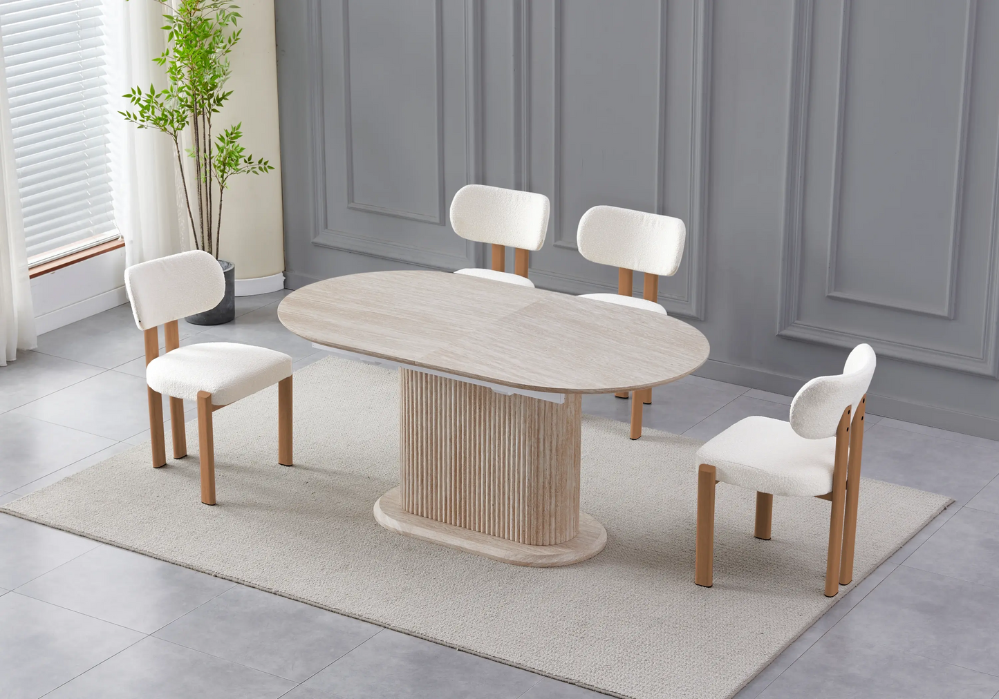 Table extensible travertin et chaises beiges pieds bois – INAYA Galerie du Mobilier