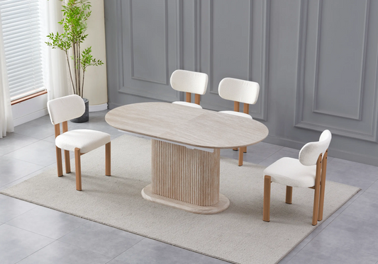 Table extensible travertin et chaises beiges pieds bois – INAYA Galerie du Mobilier