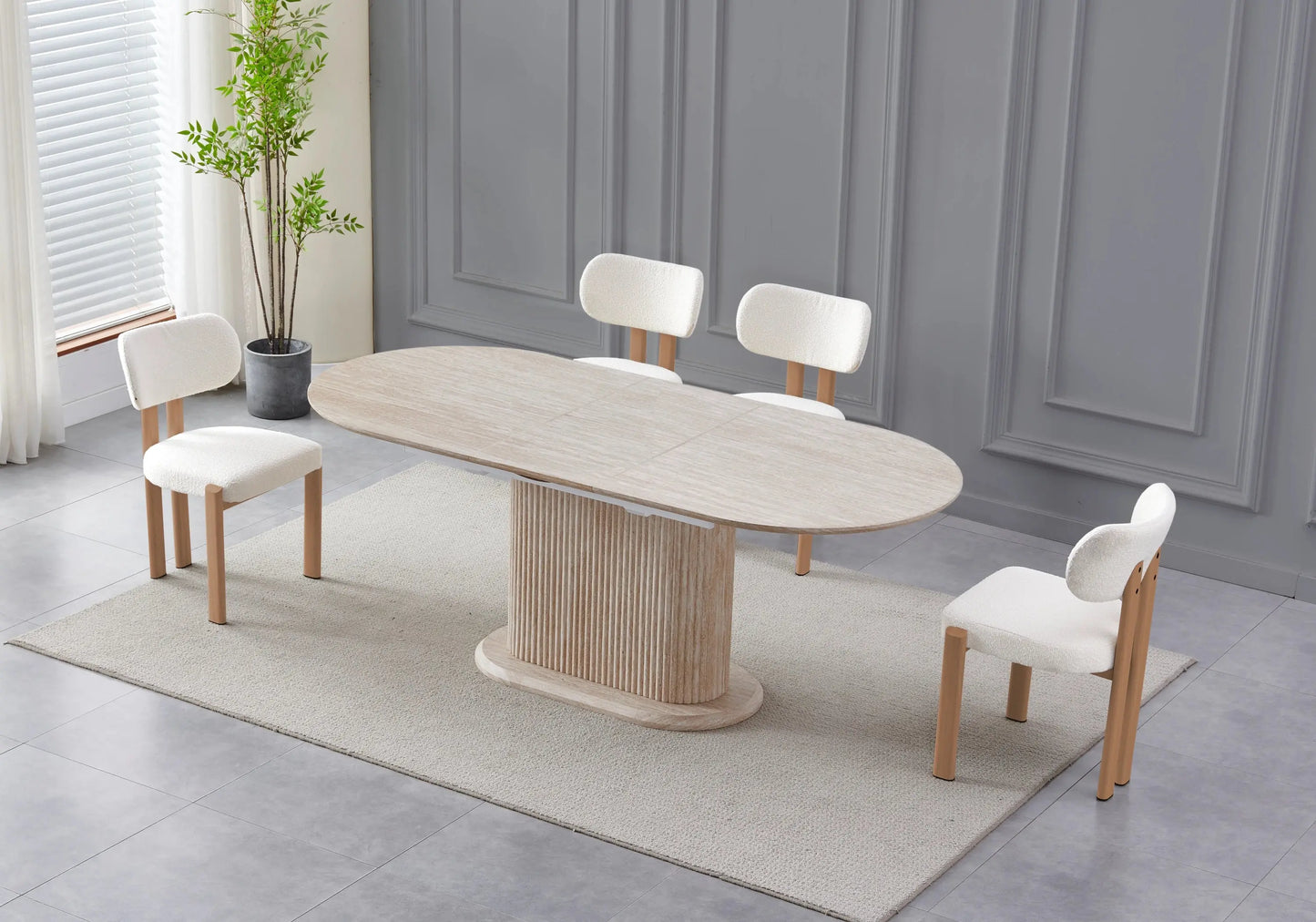 Table extensible travertin et chaises beiges pieds bois – INAYA Galerie du Mobilier