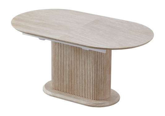 Table extensible travertin et chaises beiges pieds bois – INAYA Galerie du Mobilier