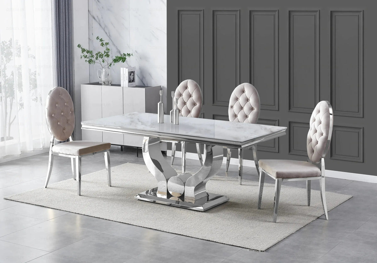 Table marbre beige et chaises capitonnées taupe NEA New Design