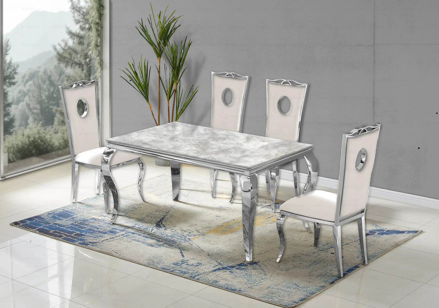 Table marbre beige et chaises velours beige argent – NEO New Design