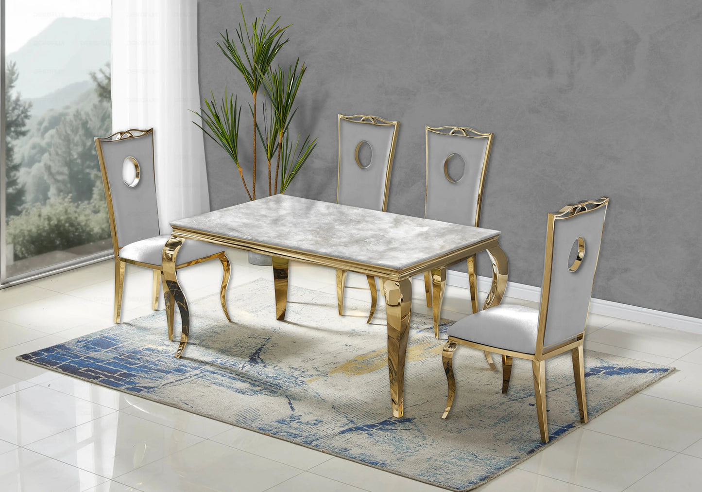 Table marbre beige et chaises velours gris doré – NEO New Design