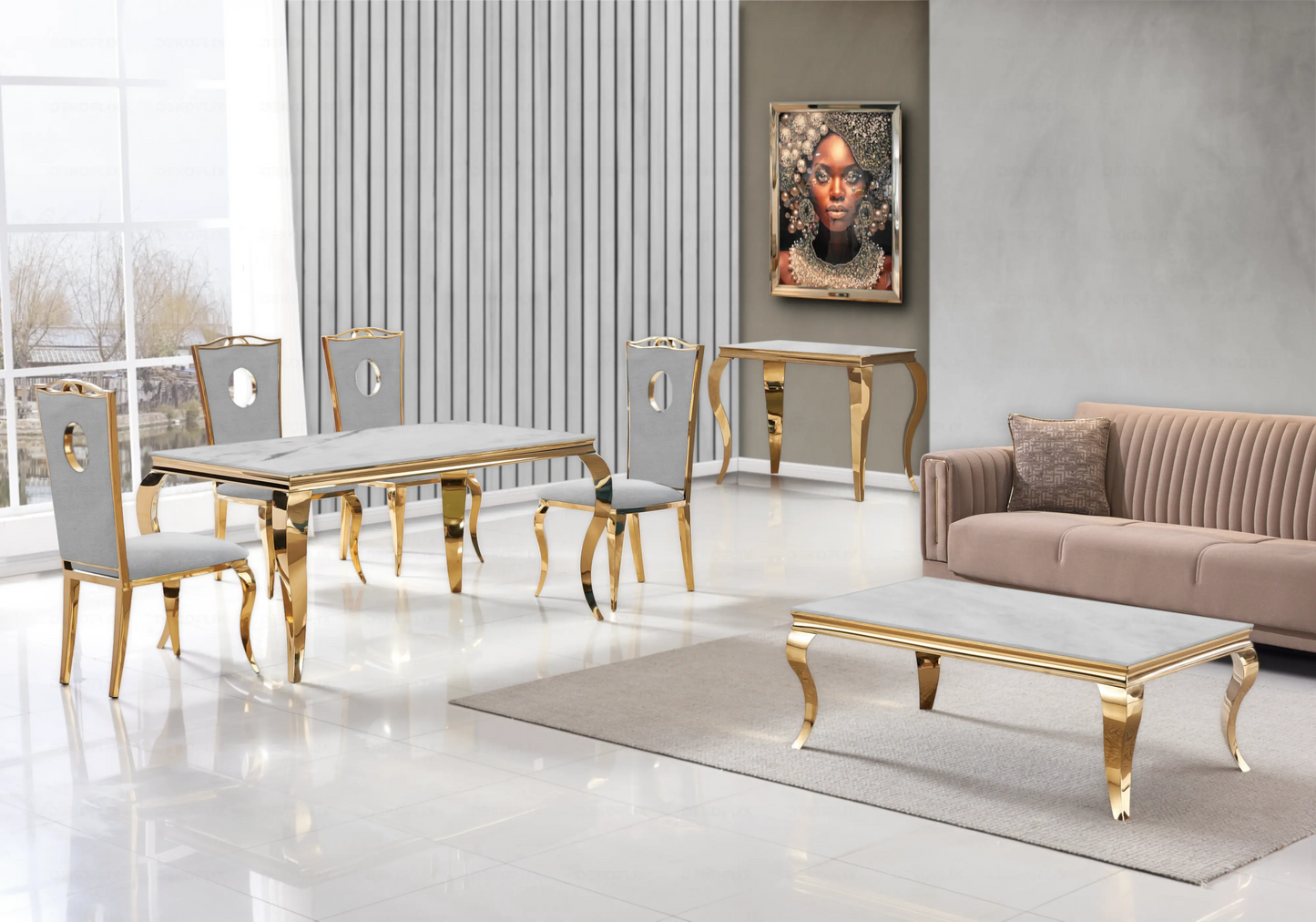 Table marbre beige et chaises velours gris doré – NEO New Design