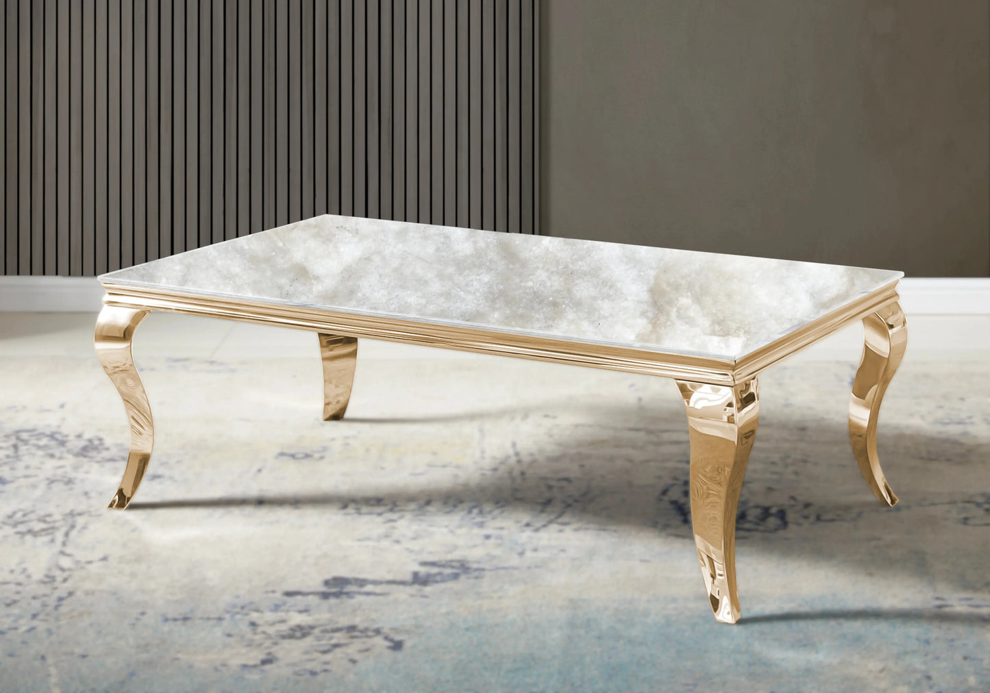 Table marbre beige et chaises velours gris doré – NEO New Design