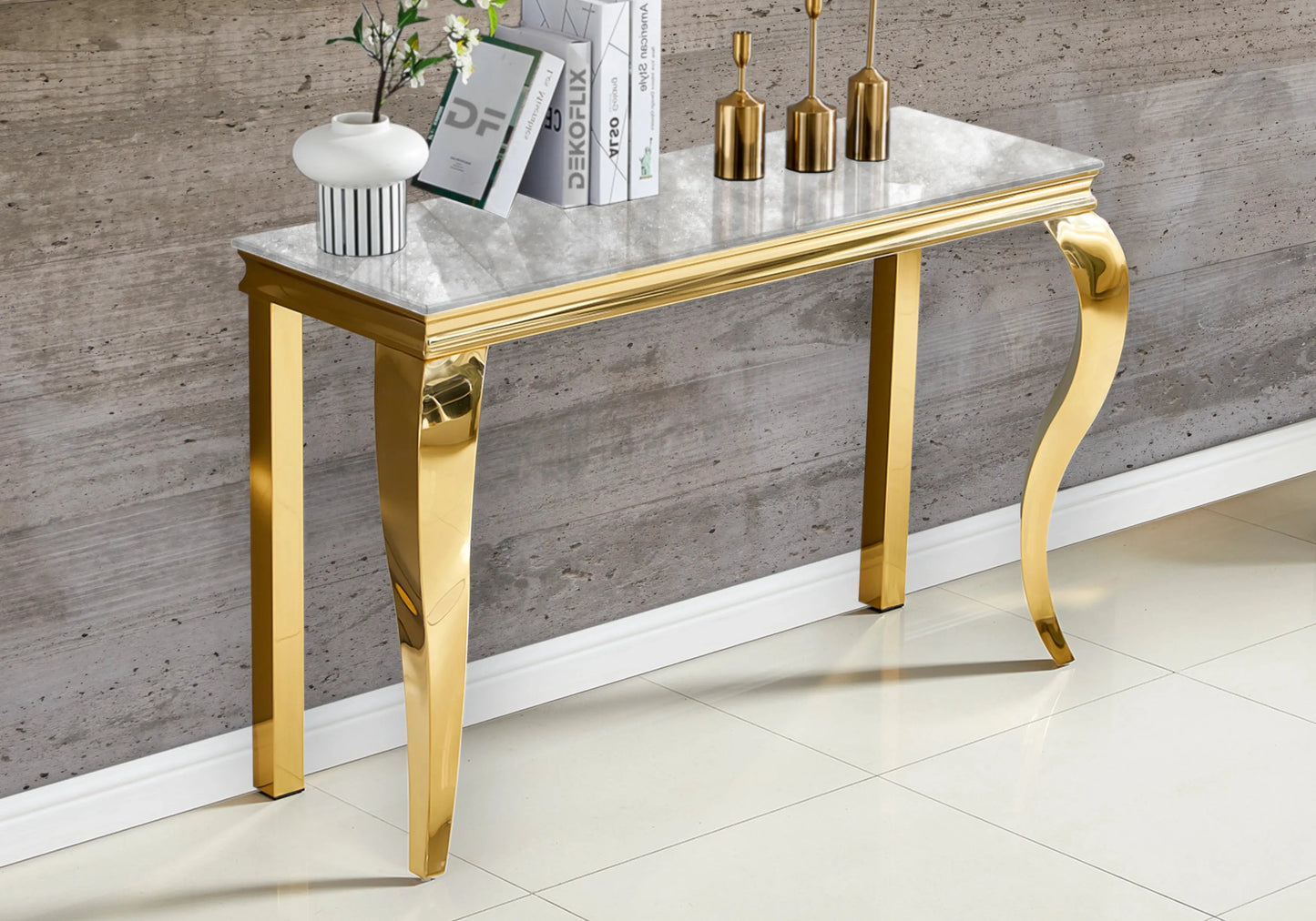 Table marbre beige et chaises velours gris doré – NEO New Design