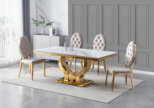 Table marbre blanc chaises capitonnées taupe doré NEA New Design