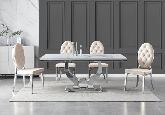 Table marbre blanc et chaises capitonnées beige NEA New Design