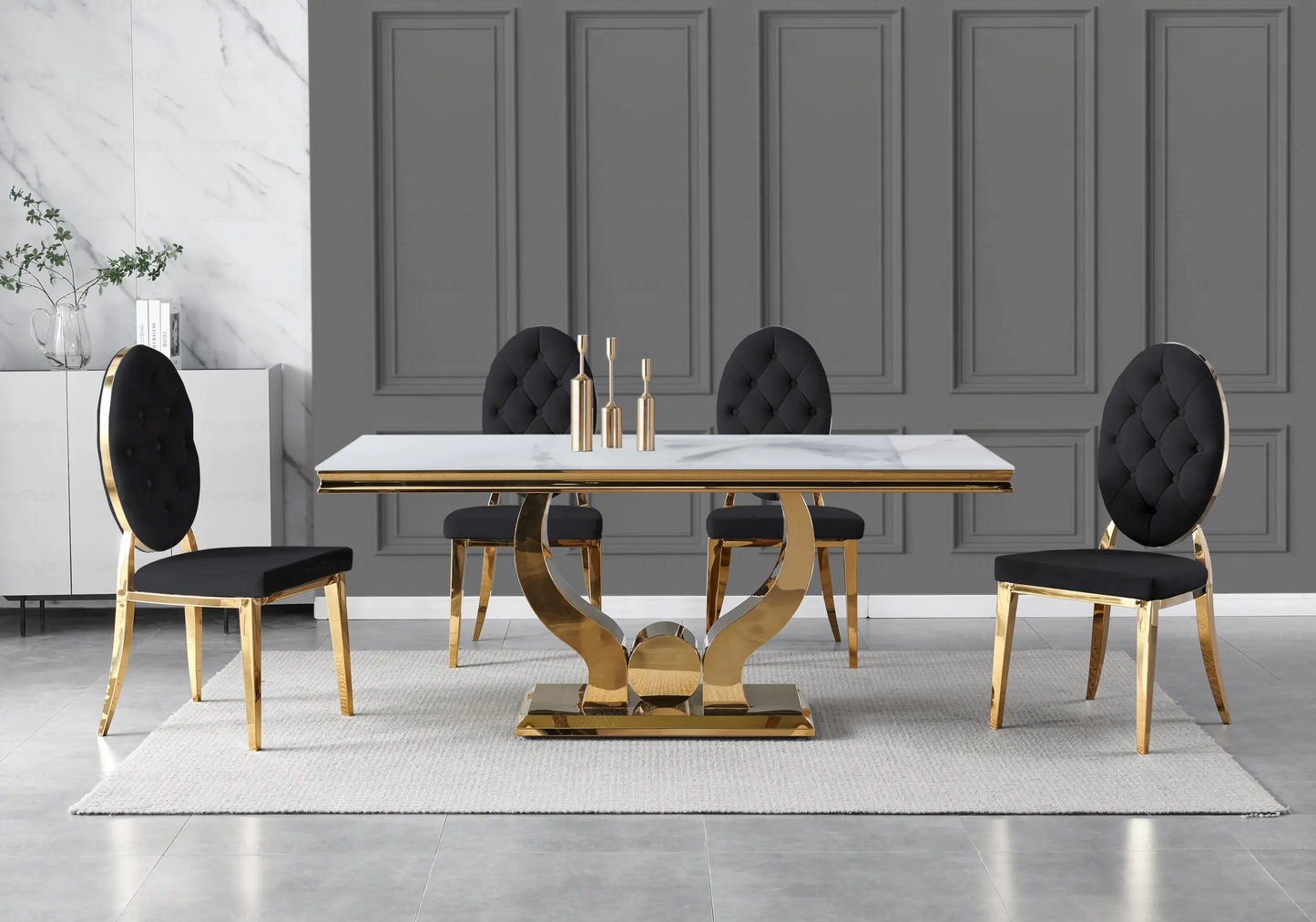 Table marbre blanc et chaises capitonnées noir doré NEA New Design