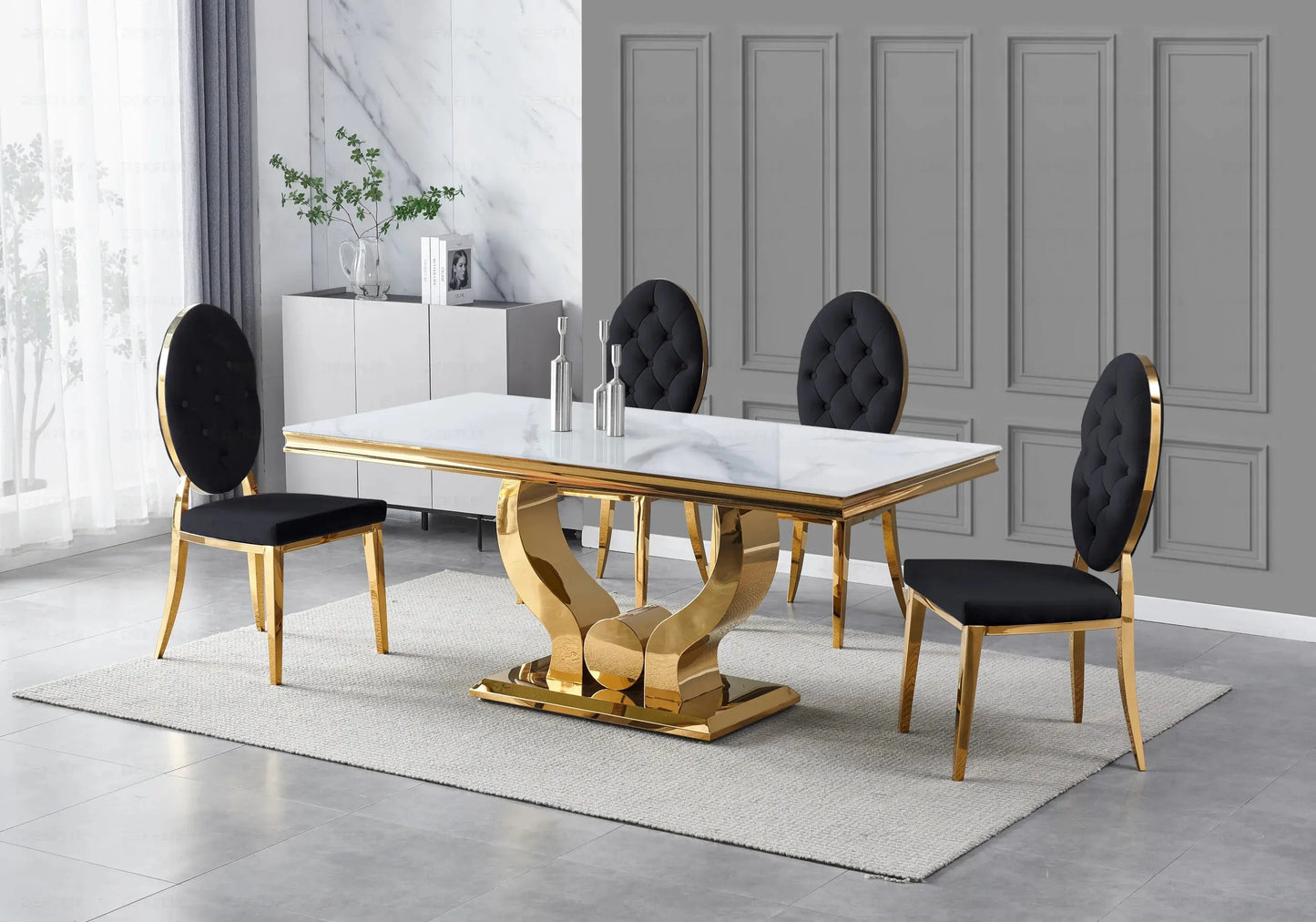 Table marbre blanc et chaises capitonnées noir doré NEA New Design