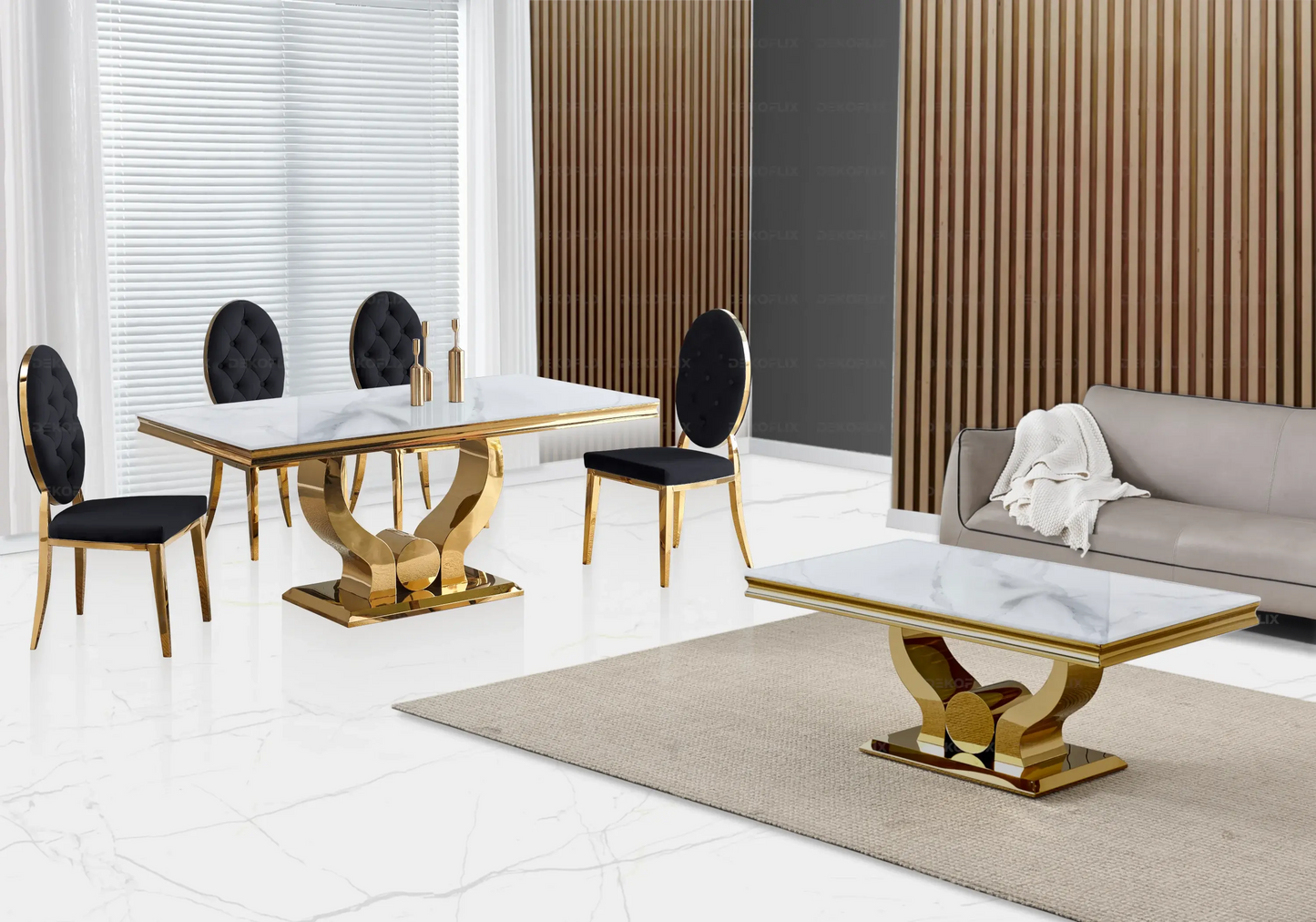Table marbre blanc et chaises capitonnées noir doré NEA New Design