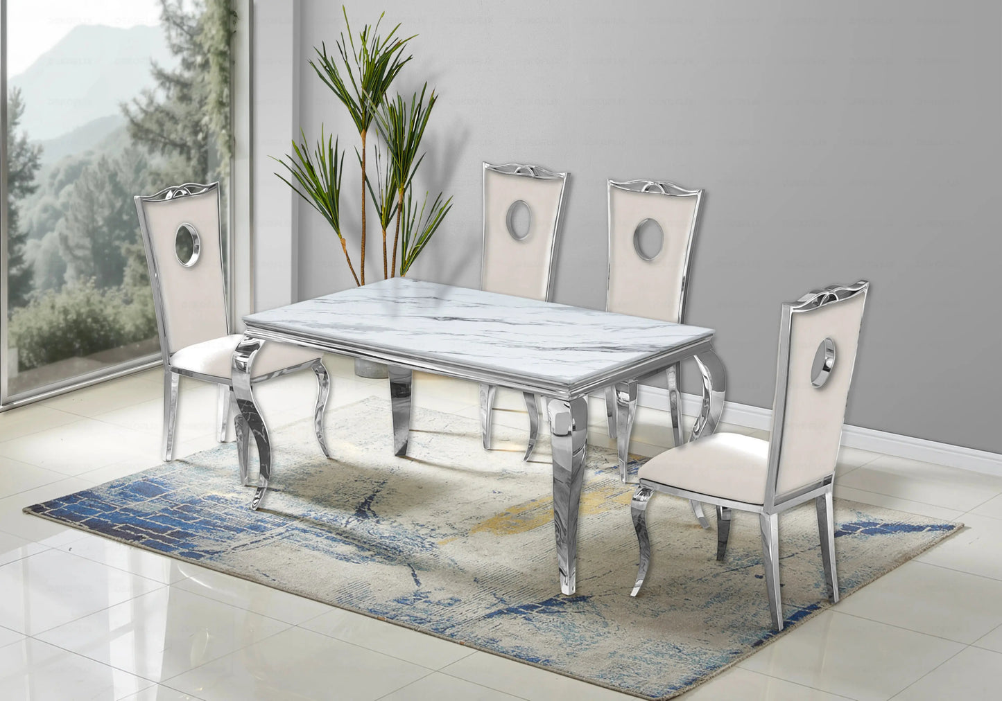 Table marbre blanc et chaises velours beige argent – NEO New Design