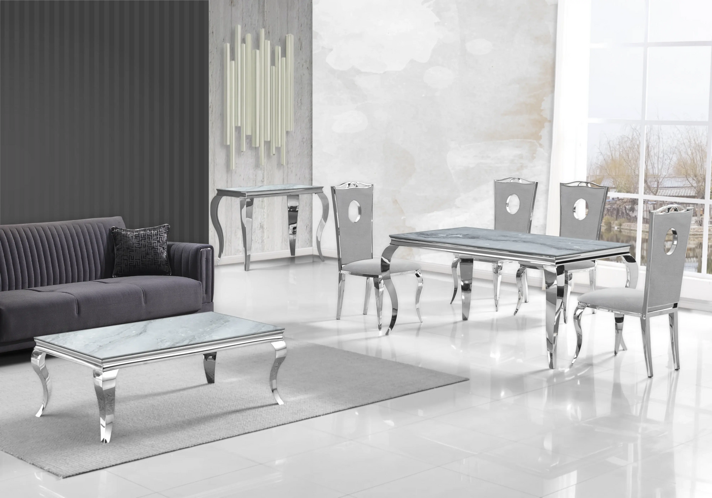 Table marbre gris et chaises velours gris argent – NEO New Design