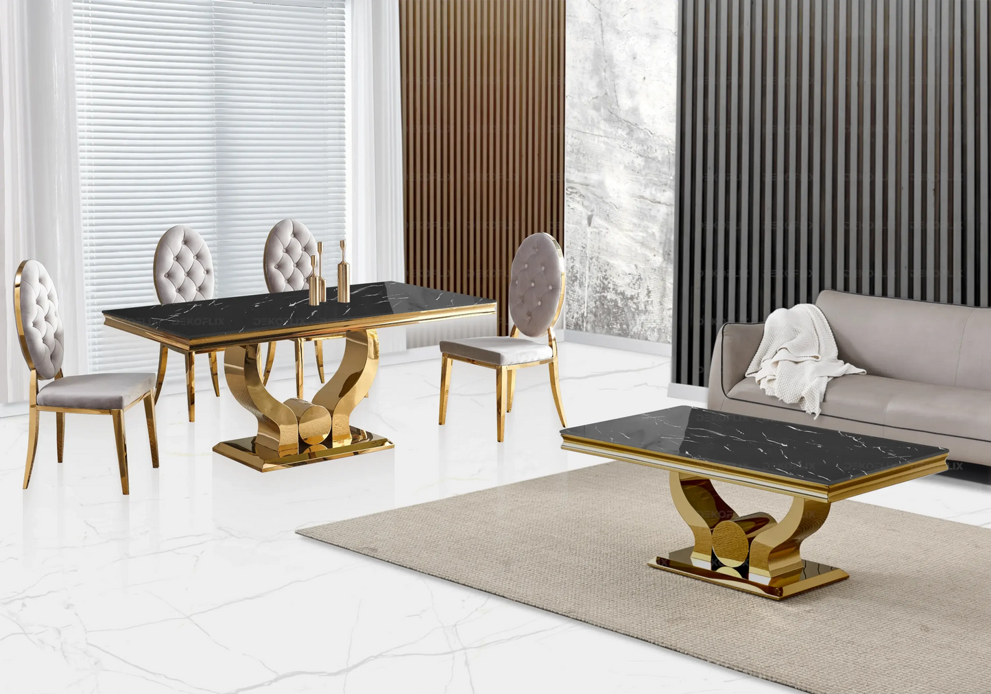 Table marbre noir chaises capitonnées taupe doré NEA New Design