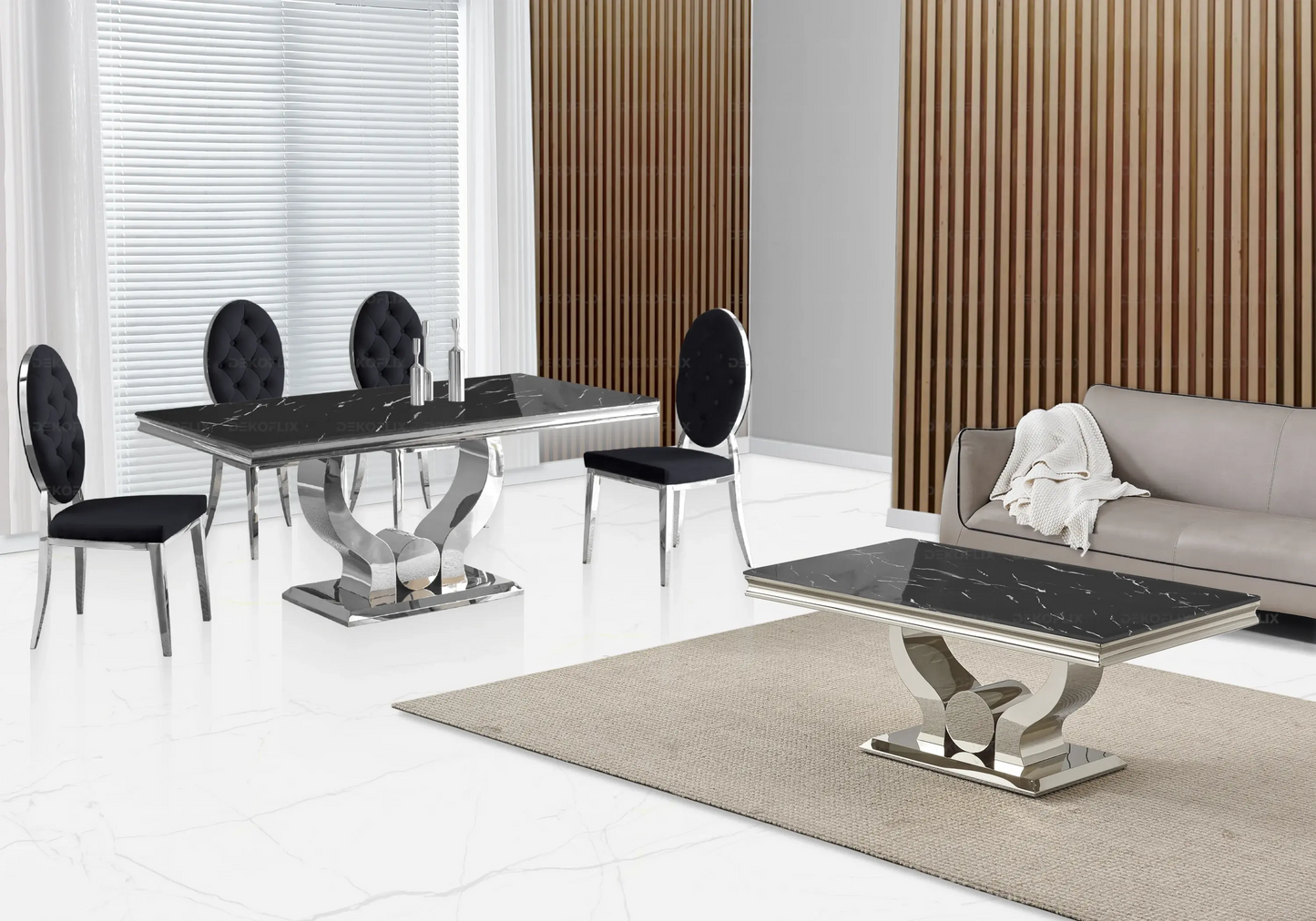 Table marbre noir et chaises capitonnées noir NEA New Design
