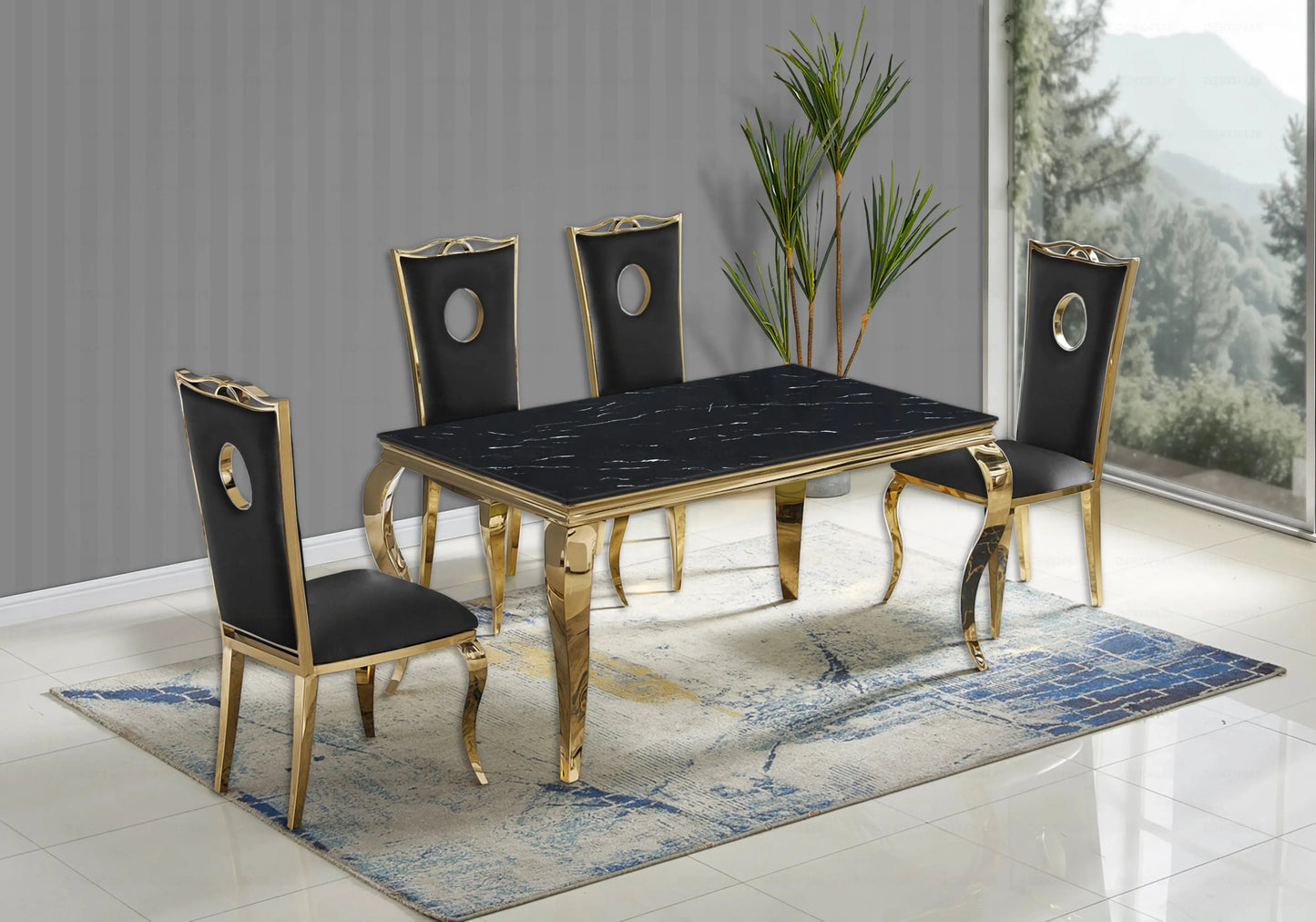 Table marbre noir et chaises simili-cuir noir doré – NEO New Design