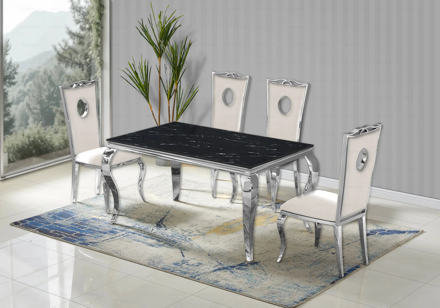 Table marbre noir et chaises velours beige argent – NEO New Design