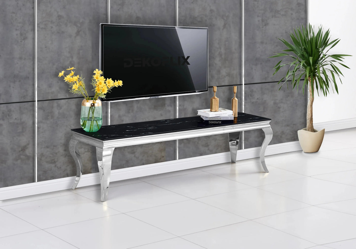 Table marbre noir et chaises velours beige argent – NEO New Design