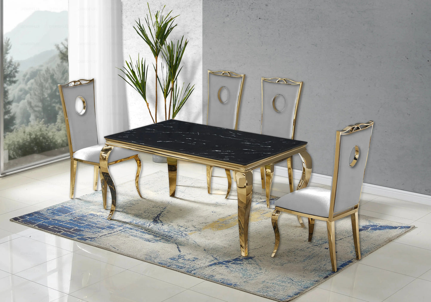 Table marbre noir et chaises velours gris doré – NEO New Design