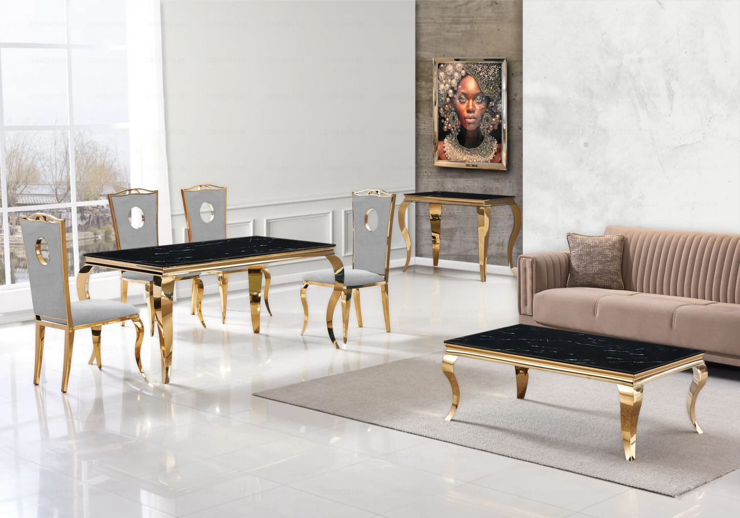 Table marbre noir et chaises velours gris doré – NEO New Design