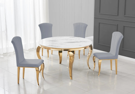 Table ronde marbre blanc et chaises gris dorée – NEO New Design