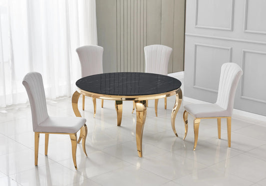 Table ronde marbre noir  et chaises beige dorée – NEO New Design