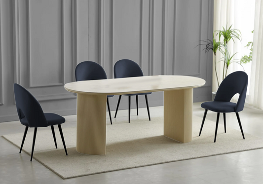 Table travertin beige et chaises velours noires – TERRA Galerie du Mobilier