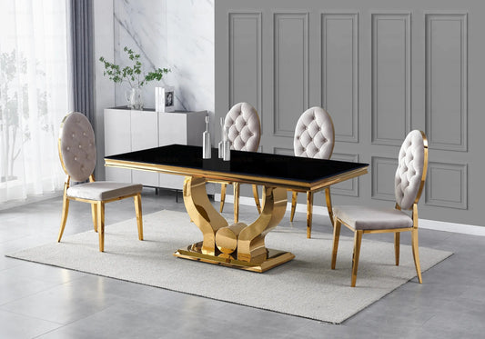 Table verre noir chaises capitonnées taupe doré NEA New Design