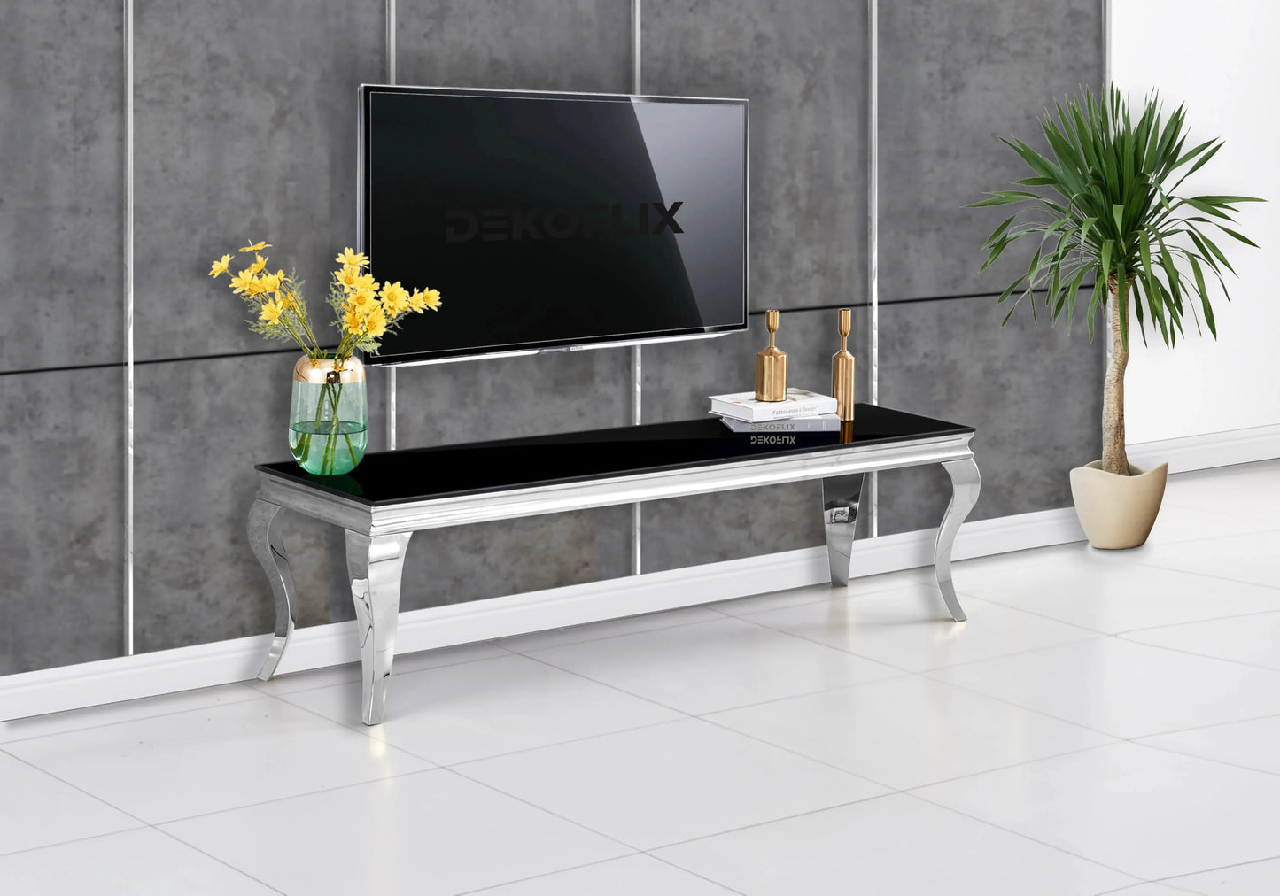 Table verre noir et chaises velours gris argent – NEO New Design