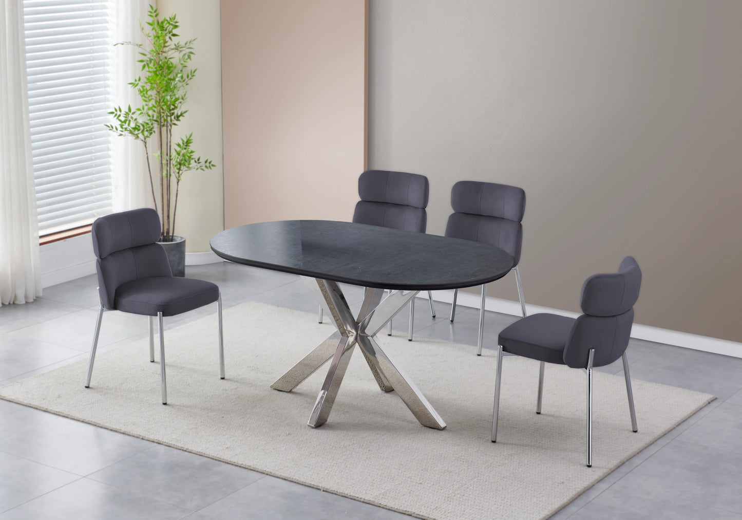 Table Céramique Noire et Chaises Grises Argentés – NORA - DEKOFLIX
