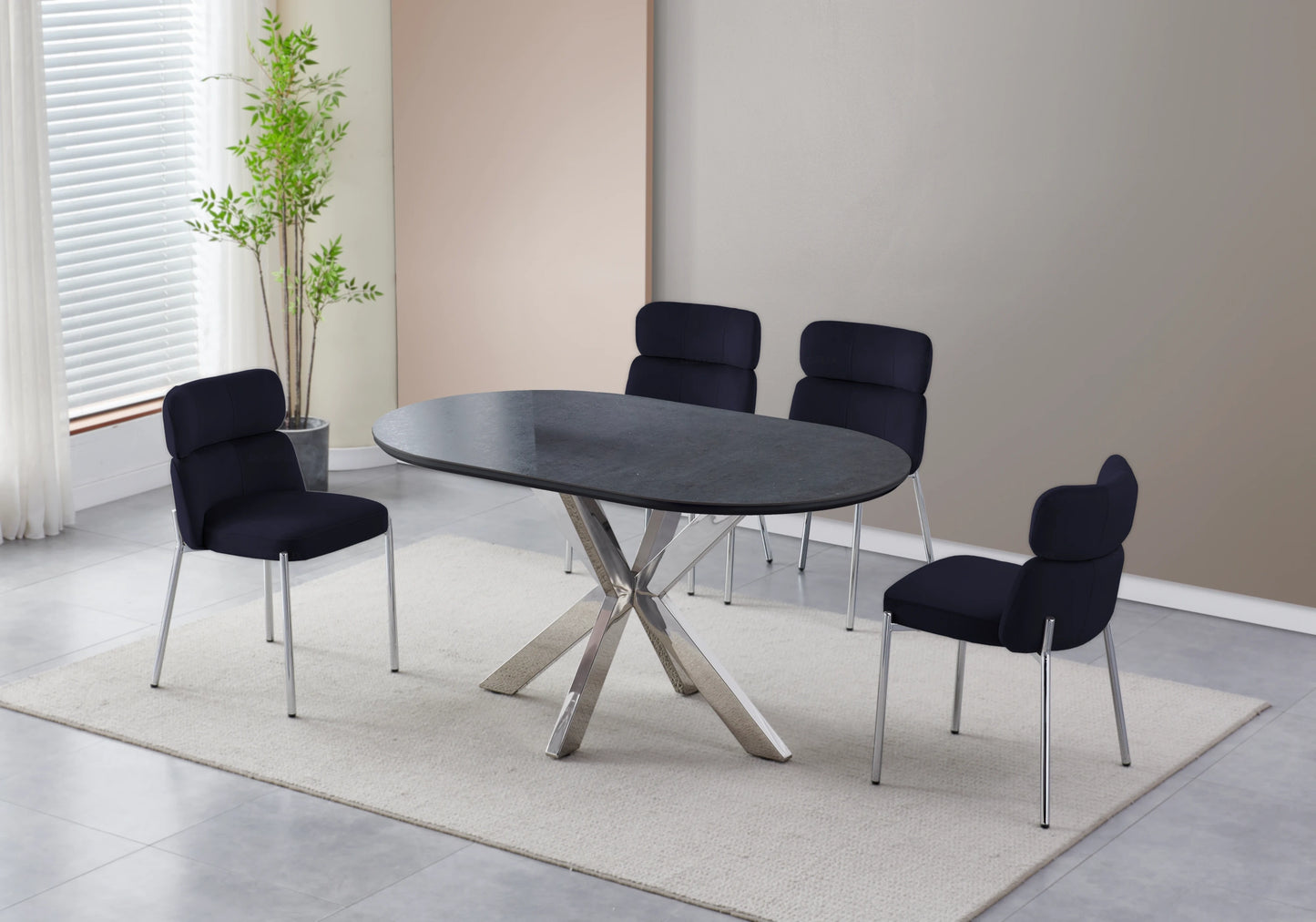 Table Céramique Noire et Chaises Noires Argentés – NORA - DEKOFLIX