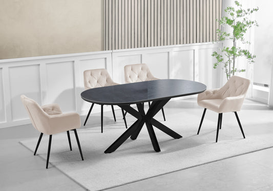 Table Céramique Noire et Chaises Capitonnées Beiges – OTHO - DEKOFLIX