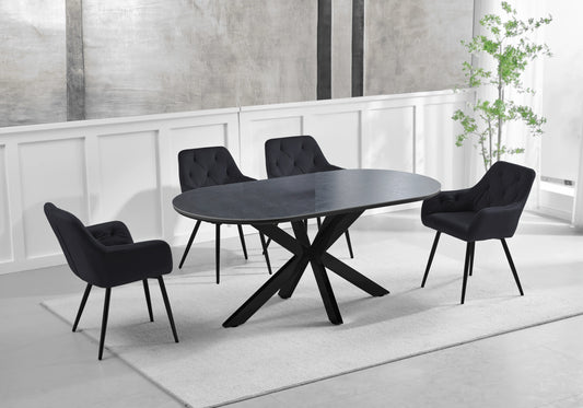 Table Céramique Noire et Chaises Capitonnées Noires – OTHO - DEKOFLIX