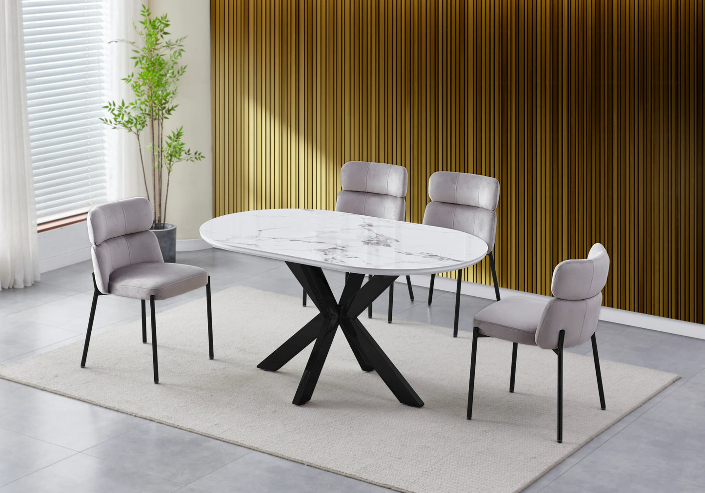 Table Marbre Blanc et Chaises Taupe Noirs – NORA - DEKOFLIX