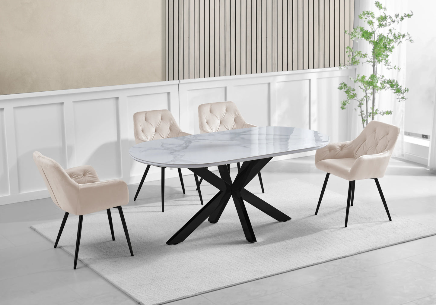 Table Marbre Blanc et Chaises Capitonnées Beiges – OTHO - DEKOFLIX