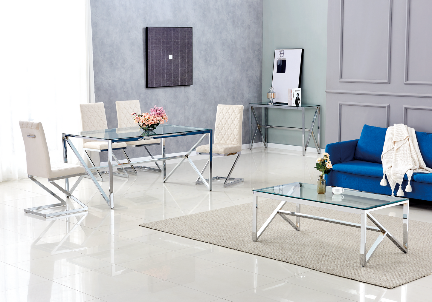 Table à manger argentée en verre – Jessy