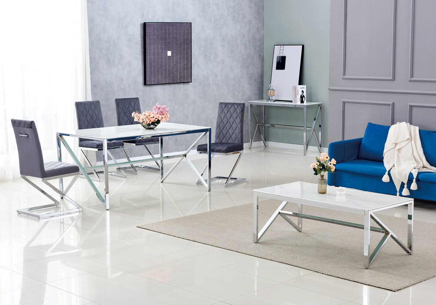 Table à manger argentée marbre blanc – Jessy