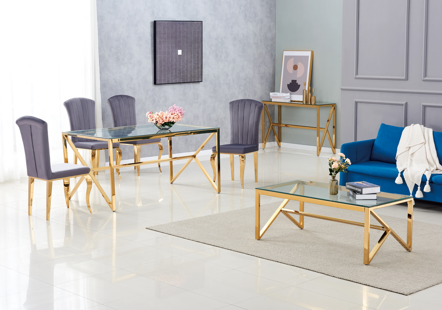 Table à manger dorée en verre – Jessy