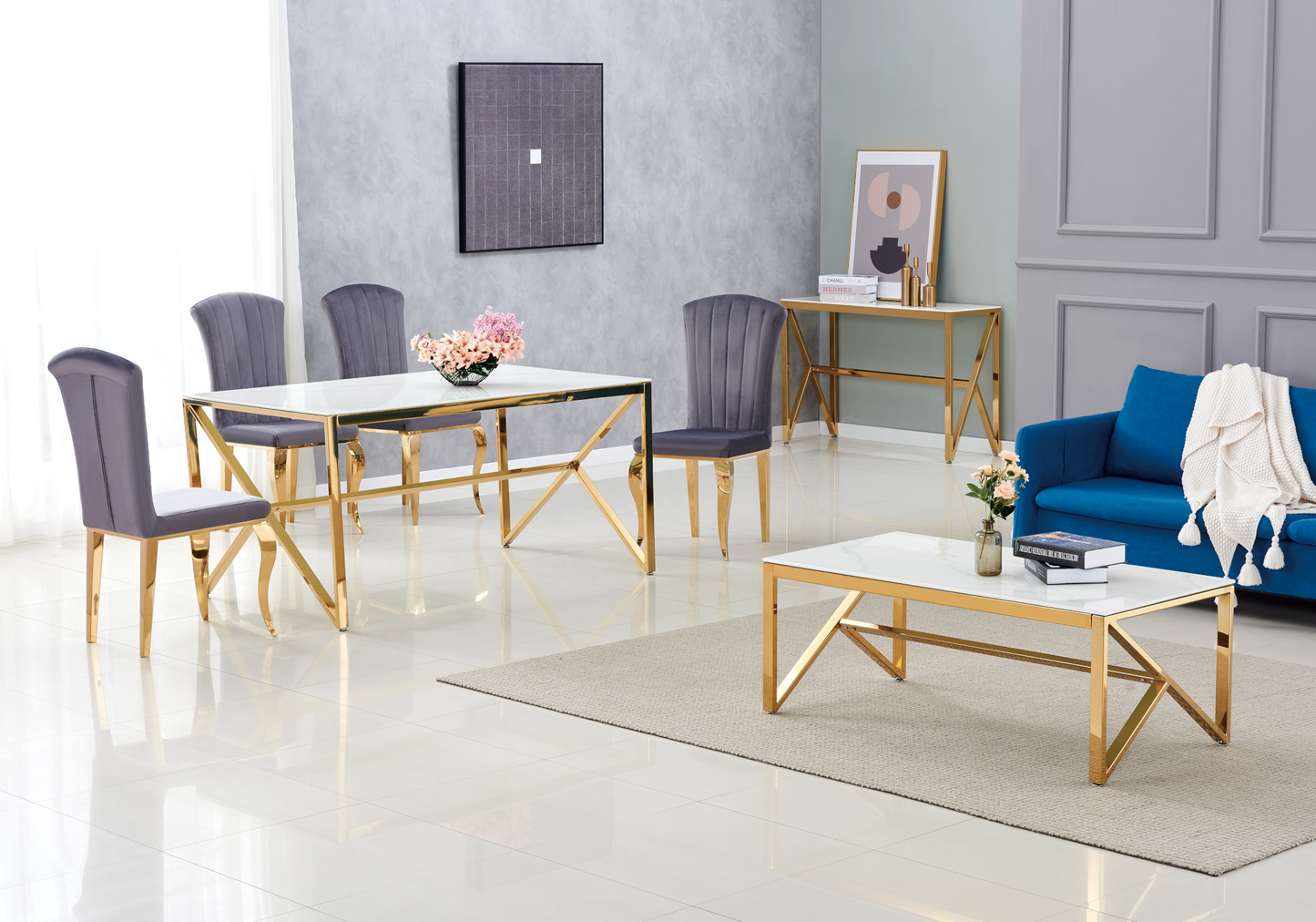 Table à manger dorée marbre blanc – Jessy