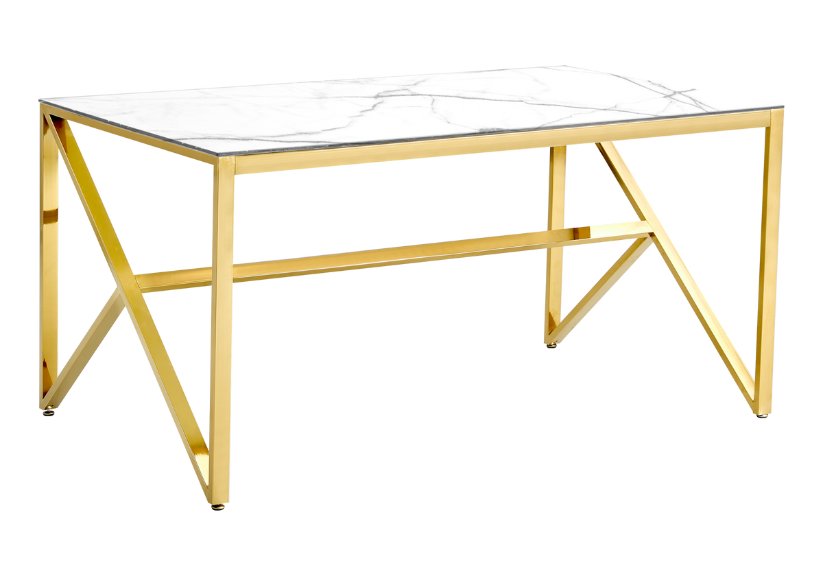 Table marbre blanc et 6 chaises simili-cuir doré – Jessy