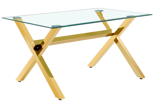 Table verre trempé et 4 chaises X dorées – Cross